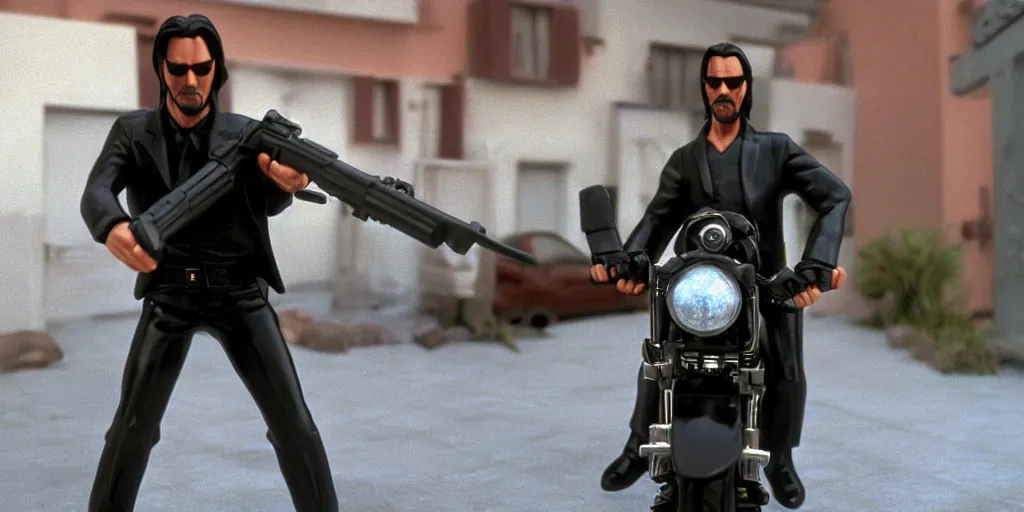 Image similar to beautiful hyperrealism three point perspective film still of Keanu Reeves as neo aiming two uzi at agent smith in a nice oceanfront promenade motorcycle chase scene in Matrix meets tintin(1990) extreme closeup portrait in style of 1990s frontiers in translucent porclein miniature street photography seinen manga fashion edition, miniature porcelain model, focus on face, eye contact, tilt shift style scene background, soft lighting, Kodak Portra 400, cinematic style, telephoto by Emmanuel Lubezki