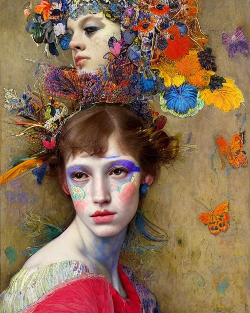 Prompt: a beautiful girl wearing colourful face paint surrounded by colourful intricate patterns, by edgar maxence and caravaggio and michael whelan, intricate painting, hyper realistic, extremely detailed and beautiful aesthetic face, 8 k resolution