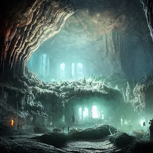 Image similar to “underground fantasy medieval of city in a giant cave, bioluminescence, mushrooms, crystals, roots, Artstation HQ, photorealistic, hiperrealistic, 4k UHD, Unreal Engine 5, cinematic shot, cinematic lightning, dark tones, high contrast, masterpiece”