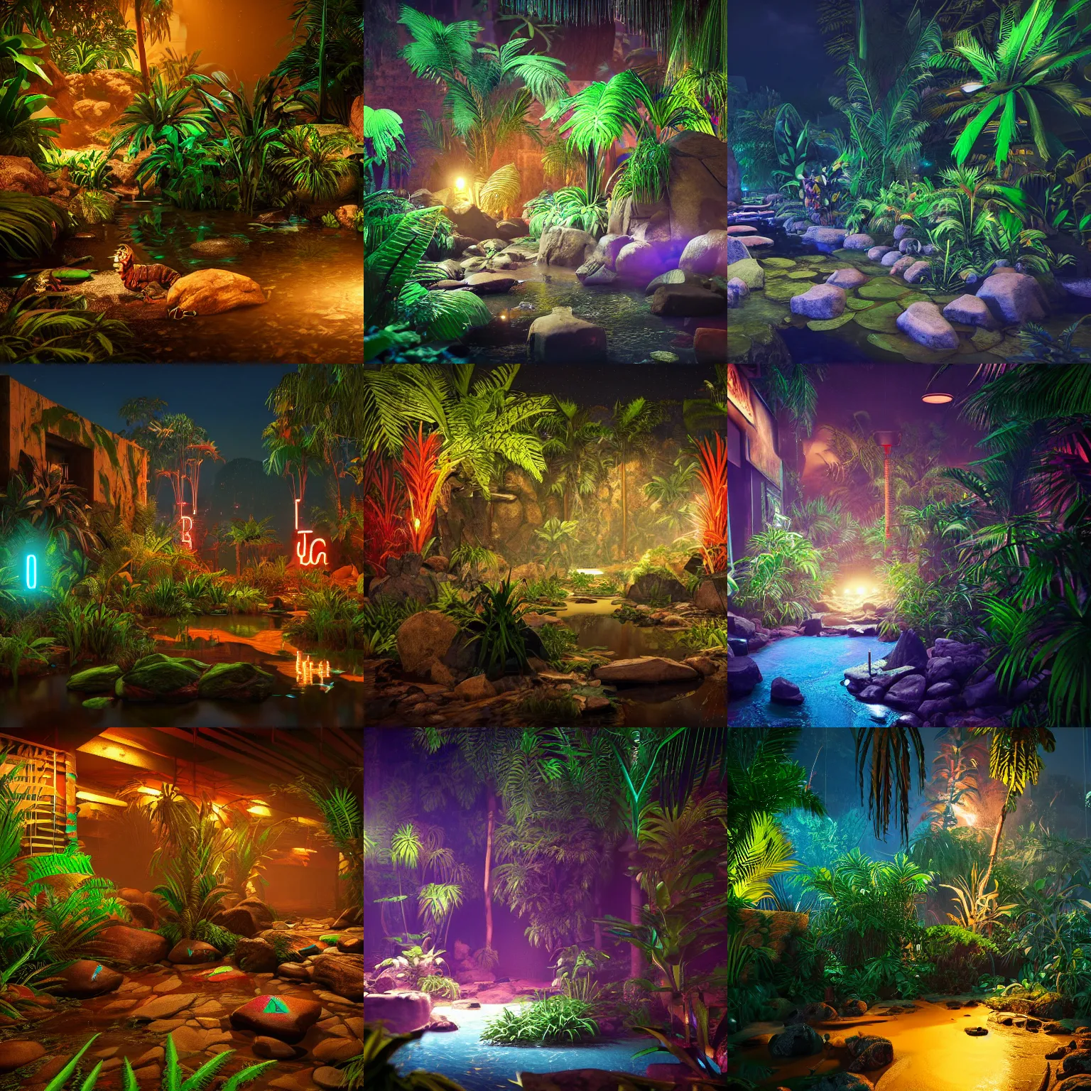 Prompt: aztec neon jungle at night with rocks and water puddle on the floor and exotic animals hidden in the foliages, unreal 5, hyperrealistic, realistic, photorealistic, dynamic lighting, highly detailed, cinematic landscape, studio landscape, studio lighting