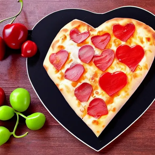 Prompt: heart shaped plain magerhita cheese pizza, 4 - 5 cherry tomata served on a wooden plate, no toppings only cheese ( ( ( no pepperoni ) ) )