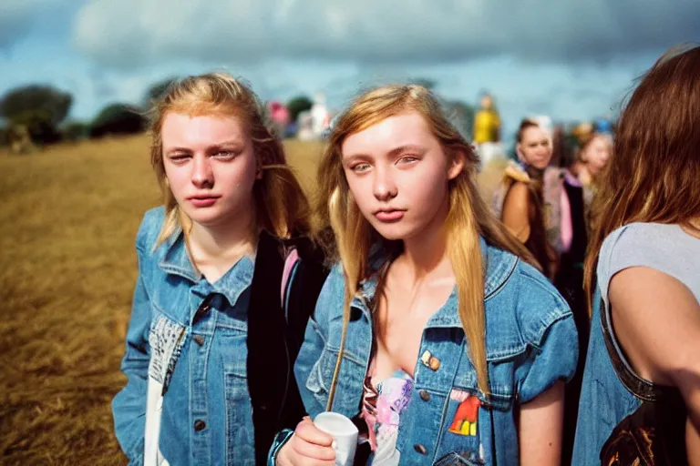 Prompt: candid photo of teenager girls first trip to Glastonbury, UK, Kodak Portra 200,8K,highly detailed: beautiful perspective closeup environmental portrait photo in style of 2000s retrofuturism, cinema lighting , by beksinski, photography fashion edition, tilt shift, highly detailed, focus on man ;blonde hair;blue eyes, clear eyes, soft lighting