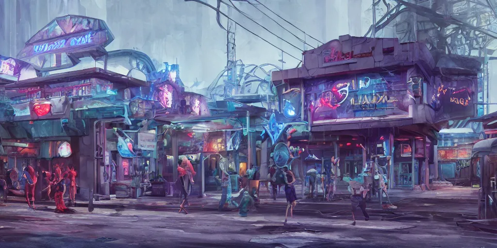 Prompt: stylized, exterior of night club, in watercolor gouache detailed paintings, raytracing, arcane, insanely detail, artstation, 8 k, futuristic, big medium small, simon stalenhag, props, furniture and decor, octane render, cinematic, screenshot, james gurney, ruan jia, comic style, street fighter 6