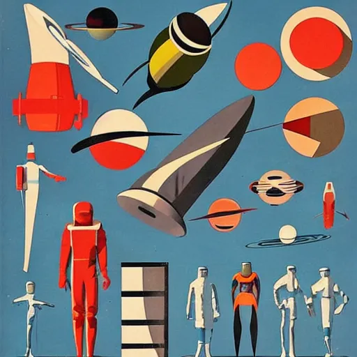 Prompt: an abstract mid - century modern collage of random shapes cut from vintage science and fashion magazines depicting the future of space travel as imagined in 1 9 5 6. nasa.