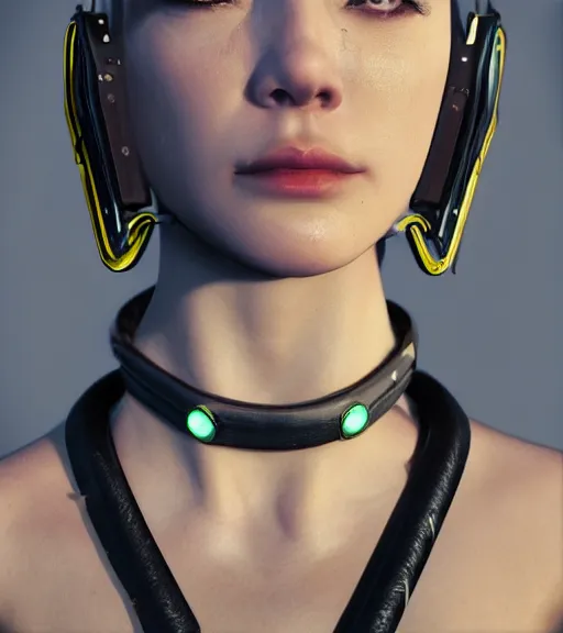 Image similar to detailed realistic female character cyberpunk wearing thick technological collar around neck, realistic, art, beautiful, 4K, collar, choker, collar around neck, punk, artstation, detailed, female, woman, choker, cyberpunk, neon, punk, collar, choker, collar around neck, thick collar, tight around neck, punk,