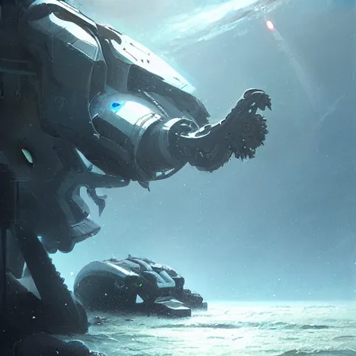 Image similar to An alien mech draining water from the ocean, by greg rutkowski