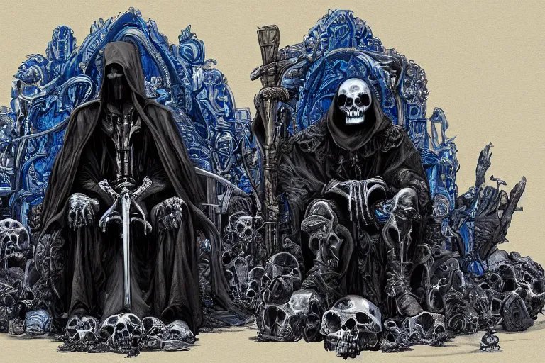 Image similar to Grim reaper sitting on a throne made of skulls, wide shot, digital art, fantasy, concept art, highly detailed, dark colors, blue tint,