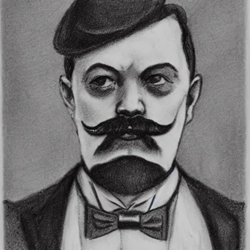 Image similar to charcoal sketch of an early 20th century occult detective from the german empire, mustache, bow tie