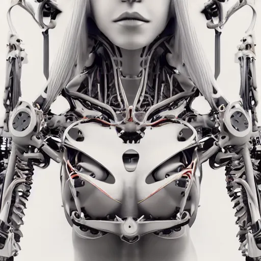 Image similar to biomechanical gina gerson twins, chimeric organism, pale skin, organic steel, full frontal, portrait, highly detailed, transhumanist, mechanical, professional photo, mendelbrot fractal, ray tracing, hyperdetailed, hyperrealistic, trending on artstation, oppai cyberpunk, octane render, hdr, uhd 4k