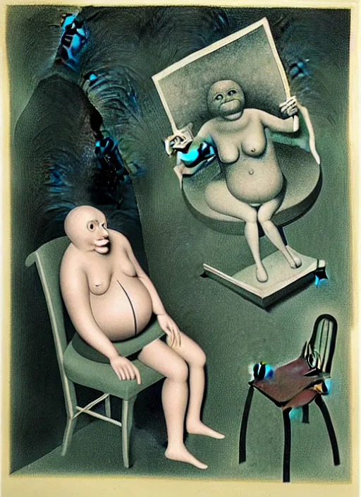 Image similar to man sitting on chair looking at his smartphone, hysterical, sweat, fat, frustrated, art by gertrude abercrombie hans bellmer and william blake