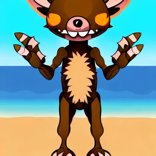 Prompt: Cute Kobold wearing caveman clothes at a beach, digital art