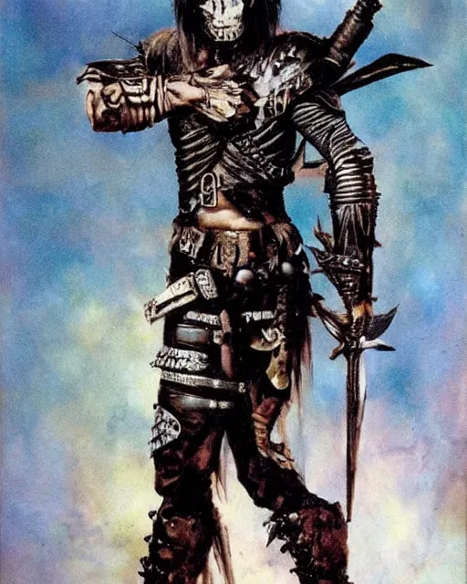 Image similar to portrait of a skinny punk goth soldier wearing armor by simon bisley, john blance, frank frazetta, fantasy, barbarian