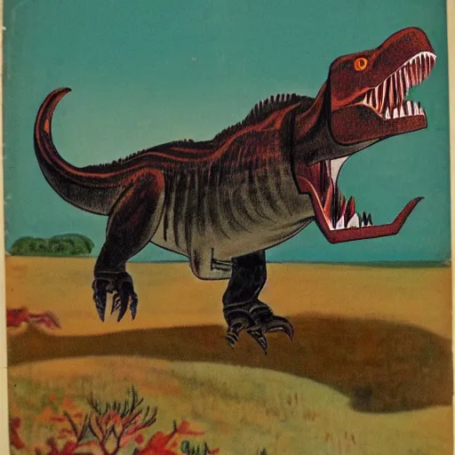 Image similar to 1940s children's book illustration of a Tyrannosaurus rex