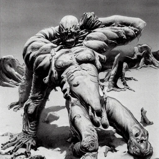 Prompt: rampaging flesh golem in a desert with bones scattered in the sand, wide scene, art by frank frazetta