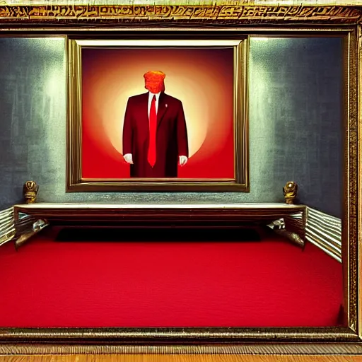 Image similar to Donald Trump full body laying in a blood red pool of water between a golden mirror frame, outside is space and inside the mirror frame is a beautiful landscape., physically accurate, dynamic lighting, intricate, elegant, highly detailed, digital painting, artstation, HR GIGER, Hieronymus Bosch, Francis Bacon, concept art, smooth, sharp focus, illustration, art by artgerm and greg rutkowski and alphonse mucha