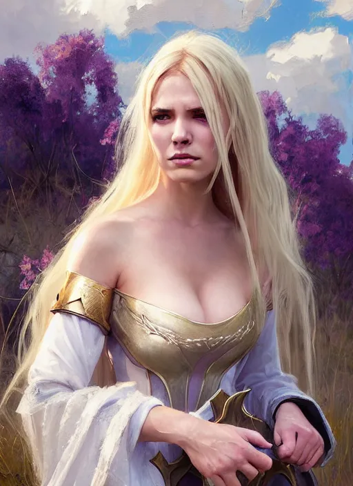 Image similar to portrait of Syndra from League of Legends medieval dress, countryside, calm, fantasy character portrait, dynamic pose, above view, sunny day, thunder clouds in the sky, artwork by Jeremy Lipkin and Giuseppe Dangelico Pino and Michael Garmash and Rob Rey, very coherent asymmetrical artwork, sharp edges, perfect face, simple form, 100mm