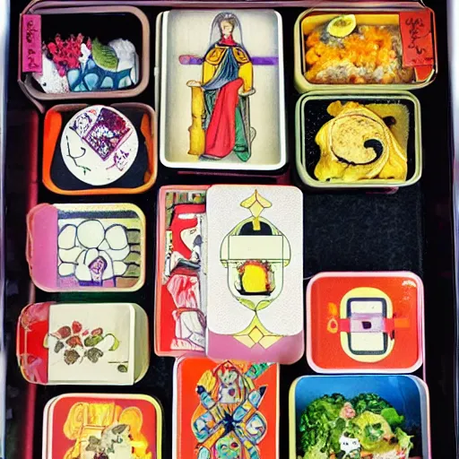 Image similar to bento box organised in the style of a tarot card, beautiful realistic photograph