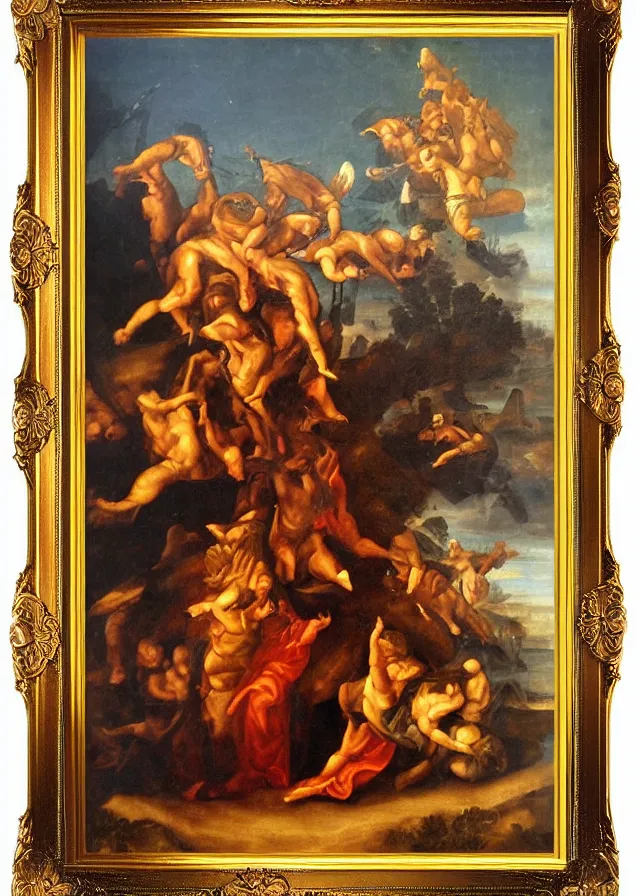 Image similar to renaissance oil painting of the devil, detailed golden frame