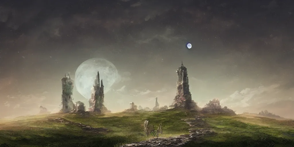 Prompt: The great intricate marble wizards tower, painted landscape, green fields in the background, moody lighting, moon in the night sky, sharp image, 4k, artstation, colorful digital art