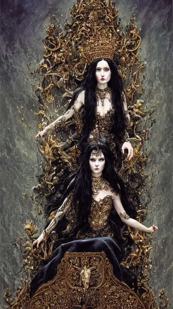 Image similar to a beautiful black haired woman with pale skin and a crown on her head sitted on an intricate metal throne, intimidating woman, large black eyes, high forehead, smooth pale skin, ethereal skin, ominous, eldritch. oil painting by nuri iyem, james gurney, james jean, greg rutkowski, highly detailed, soft lighting, chiaroscuro