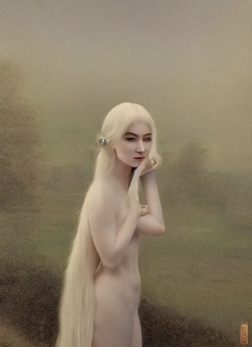 Prompt: beatifull pale wan woman, feminine goddes, side view, lit only by the moonlight, silver hair!!, style of fernand khnopff and lucien levy - dhurmer, 4 k resolution, aesthetic!,