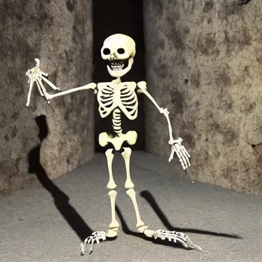 Image similar to skeleton character does his victory dance in the dungeon, claymation, stop motion, dimly lit, highly detailed