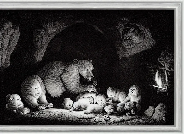 Image similar to Pieter Claesz's 'bear and her cubs sleeping in a dark cave lit by campfire', night time, cross hatching, framed