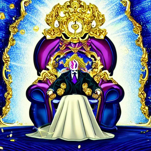 Prompt: anime of a shining majestic throne made of millions of diamonds, gold and zaphires with thousands of light reflections, and a clown on a tuxedo suit is sitting on the throne while handing a golden balloon, dramatic light