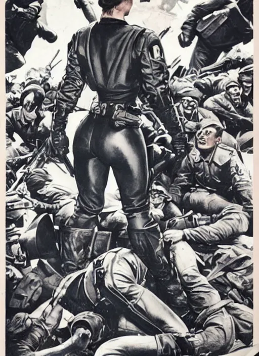 Image similar to beautiful female captain america standing on a pile of defeated, beaten and broken german soldiers. feminist captain america wins wwii. american wwii propaganda poster by james gurney. gorgeous face. overwatch. ralph bakshi