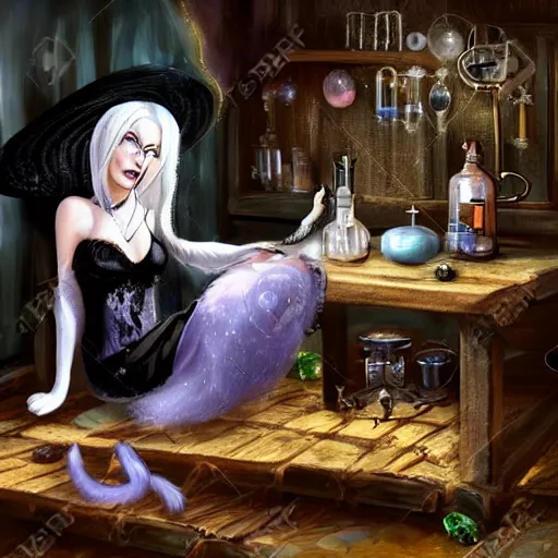 Image similar to a full body beautifull witch with white hair in an old room. A mistic cristal ball on a wood table with a potions and old instruments. A cat on the floor licking his paw. in a fantasy style paiting