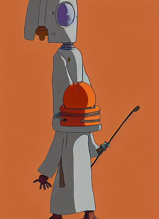 Image similar to a study of cell shaded cartoon of an orange robot monk from howl's moving castle ( 2 0 0 4 ) on a desert road, full body, wide shot, very muted colors, post grunge, studio ghibli, laurie greasley, highly detailed, deviantart, art by artgem