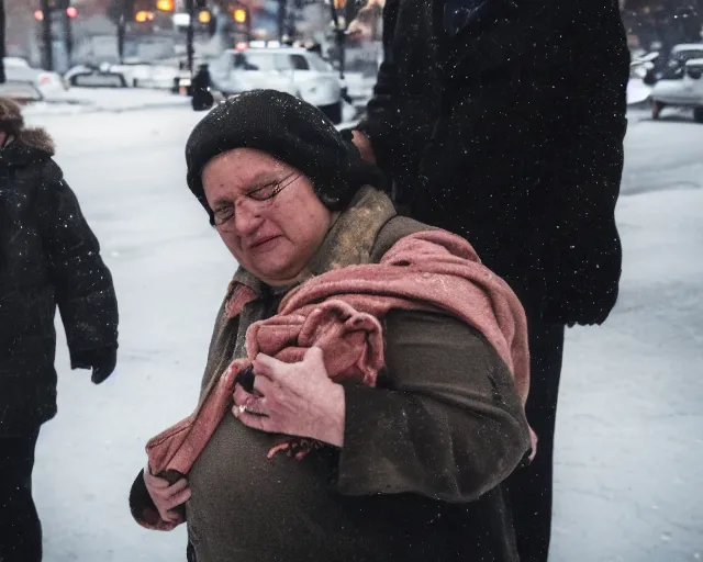 Prompt: there's an infant clinging to his overweight mother in the cold as they go to shop for cigarettes, portra 4 0 0 candid photograph portrait by annie leibovitz, humans of new york, 3 5 mm macro shot, f / 3 2, hyperrealistic, cinematic lighting, hd wallpaper, 8 k, 4 k