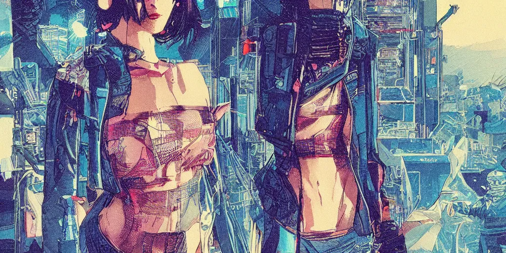 Image similar to a close - up grainy risograph of cyberpunk japanese model girl glance matte poster, cellophane accessories, transparent clothes blue hour, twilight, by moebius and lehr paul