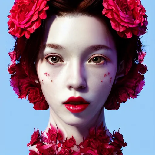 Prompt: the face of absurdly beautiful, graceful, elegant, sophisticated, sensual young skinny gravure idol made of cherries raspberries strawberries and red pink petals, an ultrafine hyperrealistic photograph by kim jung gi, irakli nadar, intricate linework, bright colors, octopath traveler, final fantasy, unreal engine highly rendered, global illumination, radiant light, intricate environment