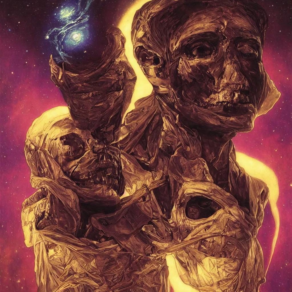 Image similar to intense glowing egyptian mummy god with ancient bandages and intense black eyes with a skull in very dark cosmic nebula by artgerm and beksinski and alphonse mucha, portrait, centered, symmetrical, clear, light beams, lens flare, intense, pharoah, uhd, amazing depth, cinematic lighting, black and purple and shining gold