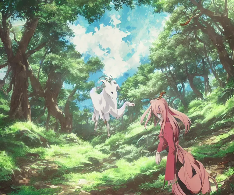 Image similar to goat in a forest, anime fantasy illustration by tomoyuki yamasaki, kyoto studio, madhouse, ufotable, comixwave films, trending on artstation