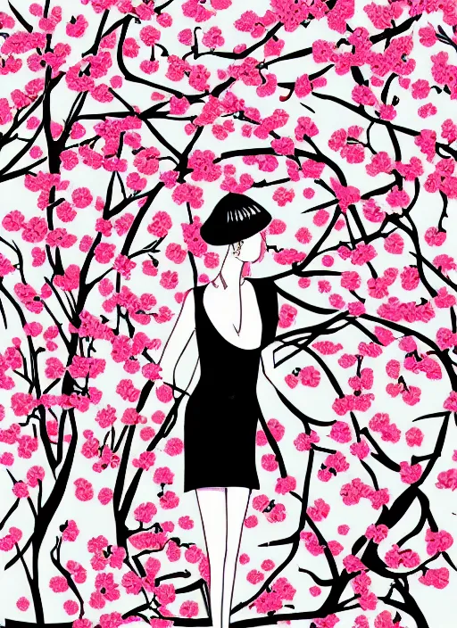 Image similar to modernist fashion illustration, cherry blossom background