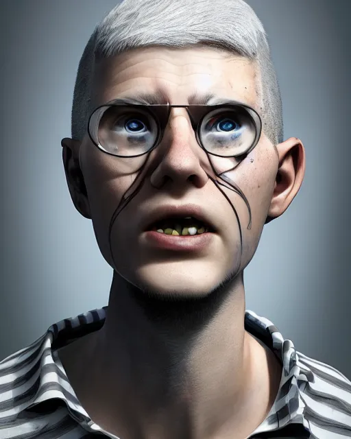 Prompt: An epic fantasy comic book style portrait painting of a !young man in a laboratory, very expressive, buzz cut gray hair, !!NO GLASSES, round face, wearing a shirt with horizontal stripes, handling laboratory equipment, character design by Mark Ryden and Pixar and Hayao Miyazaki, unreal 5, DAZ, hyperrealistic, octane render, cosplay, RPG portrait, dynamic lighting, intricate detail, summer vibrancy, cinematic