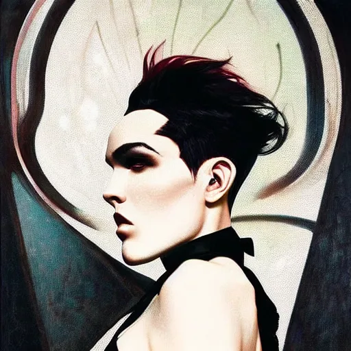 Prompt: stunning portrait of androgynous ruby rose as desire from sandman in a white tuxedo!!!, rockabilly style, dave mckean, by alphonse mucha, by jeremy mann, by peter lindbergh, by frank moth, white suit and black tie, soft lightning, high detailed, 8 k