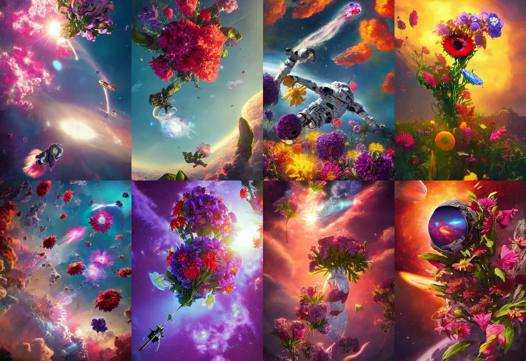 Prompt: An epic fantastic realism comic book style painting of the most beautiful flowers launched into space, many small bouquets, glorious galactic collision, fisheye, unreal 5, DAZ, hyperrealistic, octane render, dynamic lighting