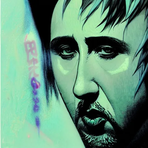 Prompt: prompt : gogo singer nicolas cage illustration portrait soft light painted by james jean and katsuhiro otomo and erik jones, inspired by evangeleon anime, smooth face feature, intricate oil painting, high detail illustration, sharp high detail, manga and anime 1 9 9 9