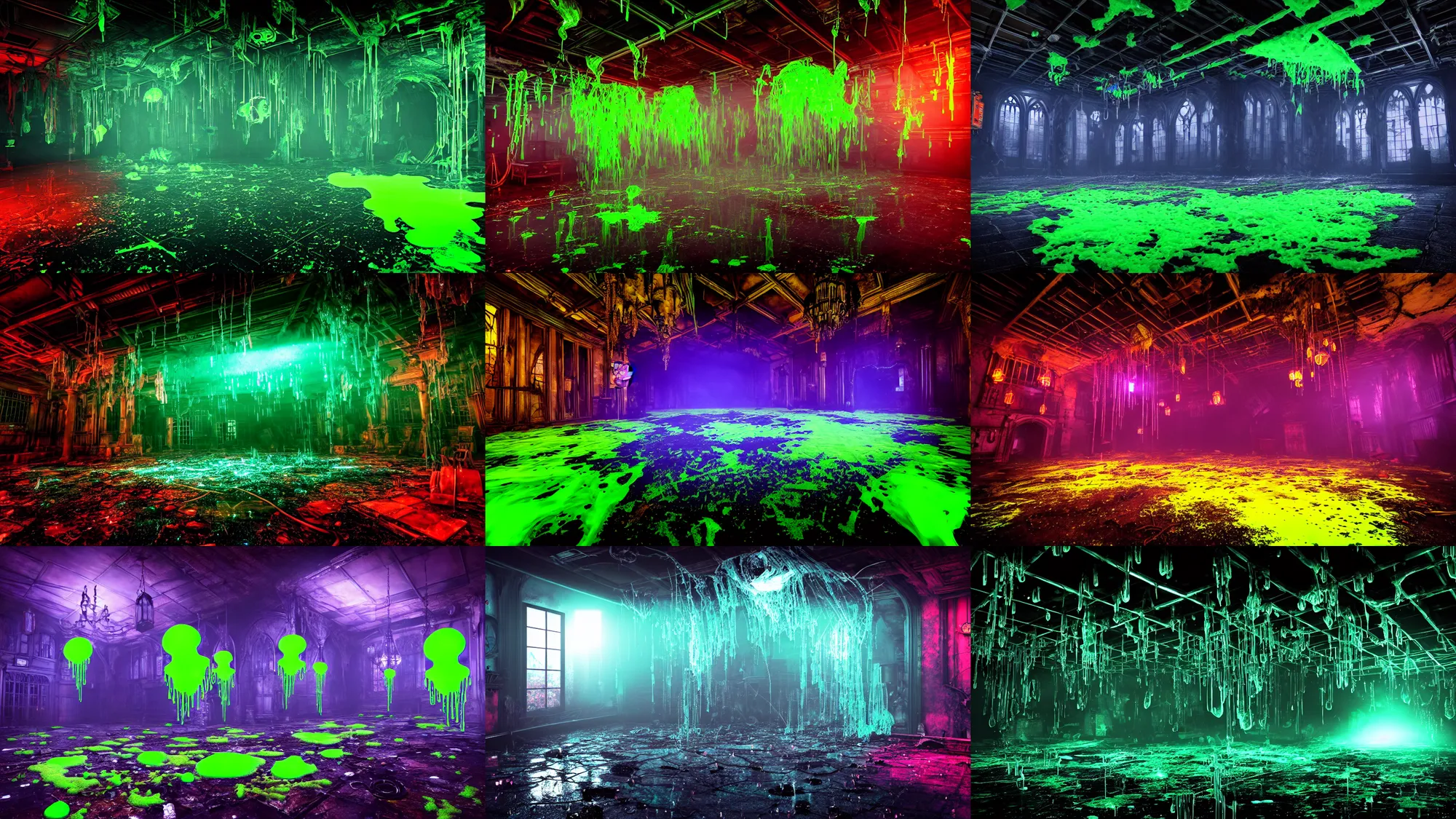 Prompt: toxic slime and debris pouring from the ceiling in a large gothic cracked steampunk room spilling over the transparent floor and splashing large glowing luminescent neon drops, field - blur, floodlight, argand lamp, 4 k