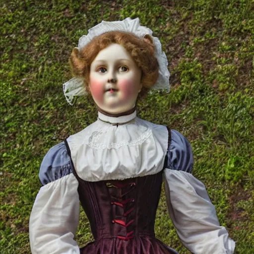 Image similar to close up portrait of a life size victorian doll standing in with a bicycle, 8 k, soft lighting, highly detailed realistic, face in focus 1 8 9 0's liminal