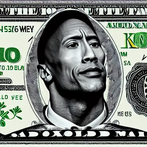 Image similar to dwayne johnson on a $ 1 0 0 bill 4 k detailed