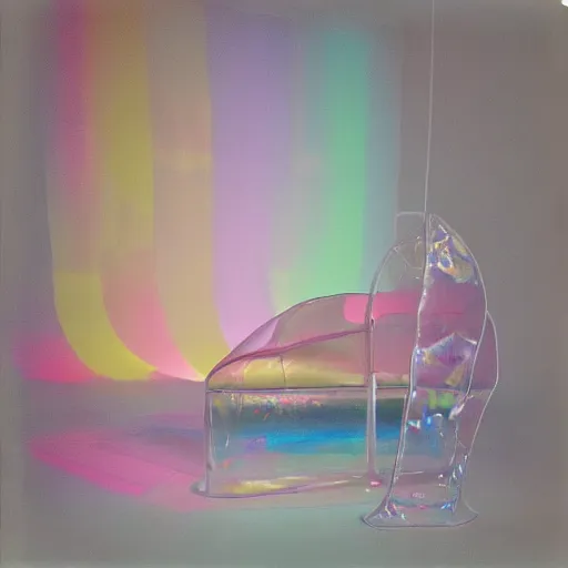 Image similar to a pastel colour high fidelity Polaroid art photo from a holiday album at a seaside with abstract inflatable parachute furniture, all objects made of transparent iridescent Perspex and metallic silver, no people, iridescence, nostalgic