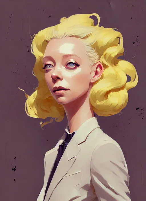 Image similar to highly detailed closeup portrait of beautiful portia doubleday, blonde wavy hair, angela moss, white suit by atey ghailan, by greg rutkowski, by greg tocchini, by james gilleard, by joe fenton, by kaethe butcher, gradient yellow, black and white color scheme, grunge aesthetic!!! ( ( graffiti tag wall background ) )