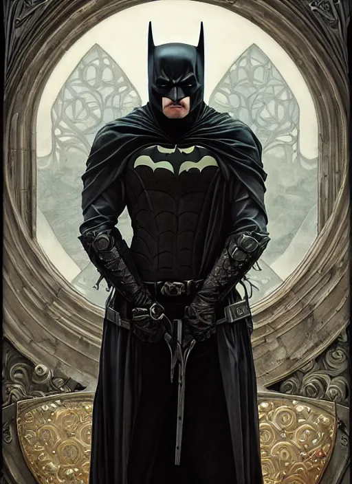 Image similar to majestic gothic batman black armored sinister man noir movie poster, art style by edmund leighton, tom bagshaw, alphonse mucha, exquisite digital art, haunting, masterpiece, organic painting, photorealistic, ornate and hyper detailed