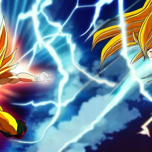 Image similar to jesus Christ as super saiyan, lightning in the sky, glowing, highly detailed, anime