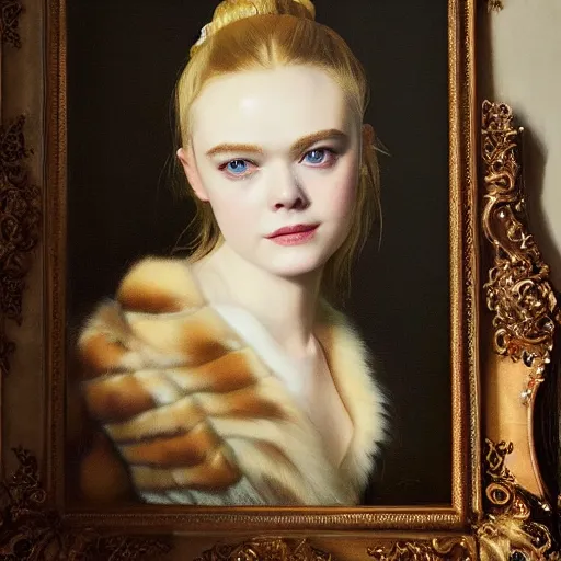 Image similar to Elle Fanning in a fur coat, religious masterpiece portrait, oil on canvas, golden hour, in the world of Andrew Wyeth, artstation, by J. C. Leyendecker and Peter Paul Rubens,