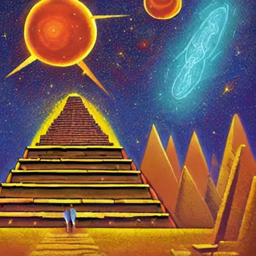 Image similar to an advertisement for a concert with a man climbing up the steps of a Mayan Pyramid, Stars, nebula and comet with a long tail in the night sky behind the pyramid, an album cover by Jeremy Henderson, featured on deviantart, underground comix, concert poster, diorama, poster art